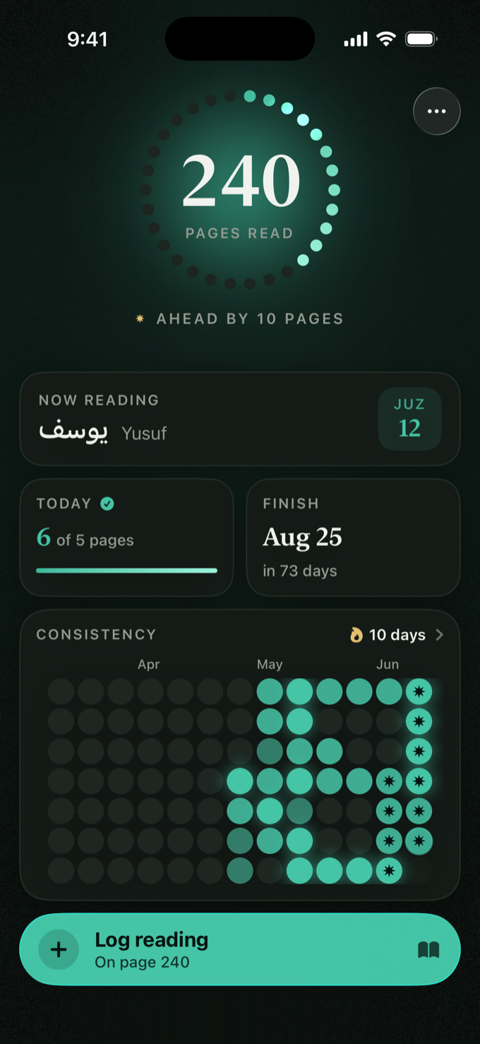 The Khatam dashboard in dark mode, with a glowing progress ring and activity grid.