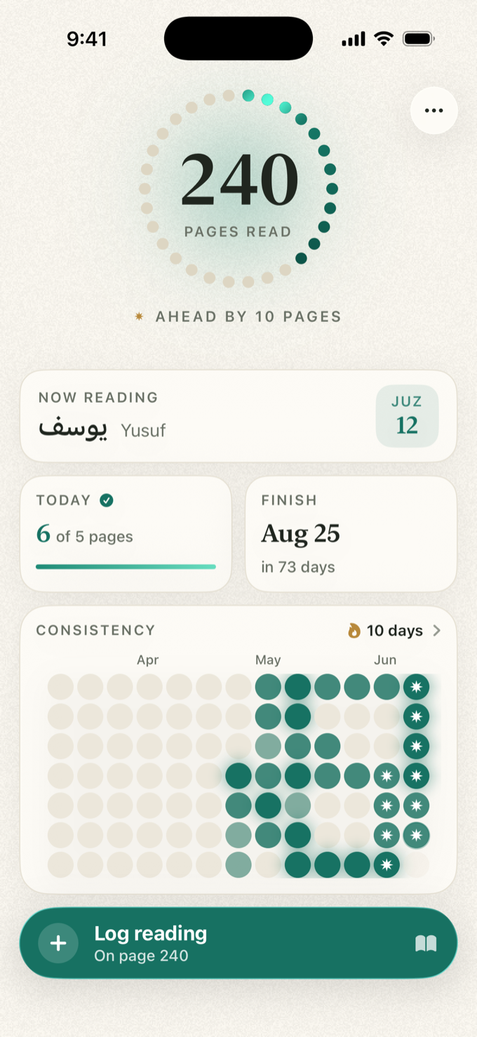 The Khatam dashboard, showing 240 pages read, today's target, projected finish date, and an activity grid.
