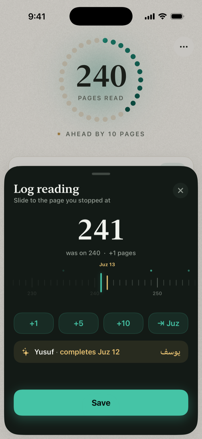 The Quick Log dial in Khatam, scrubbed to page 241, showing that it completes Juz 12.